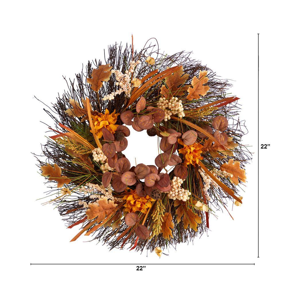 Nearly Natural 22 in. Orange Autumn Dahlia and Berries Artificial Fall Wreath