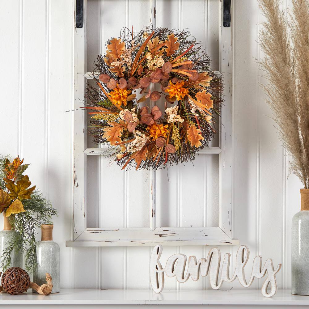 Nearly Natural 22 in. Orange Autumn Dahlia and Berries Artificial Fall Wreath