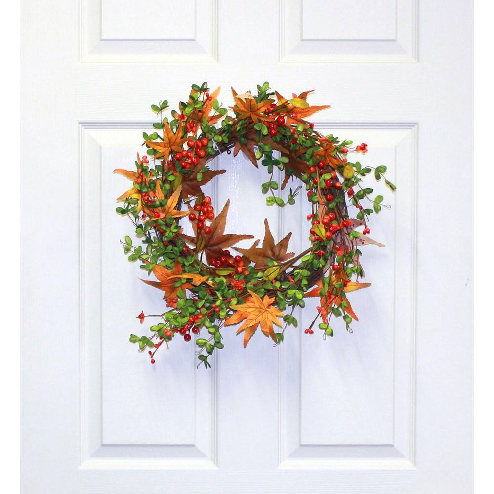 22 in. Artificial Fall Berry and Maple Leaf Wreath on Natural Twig Base