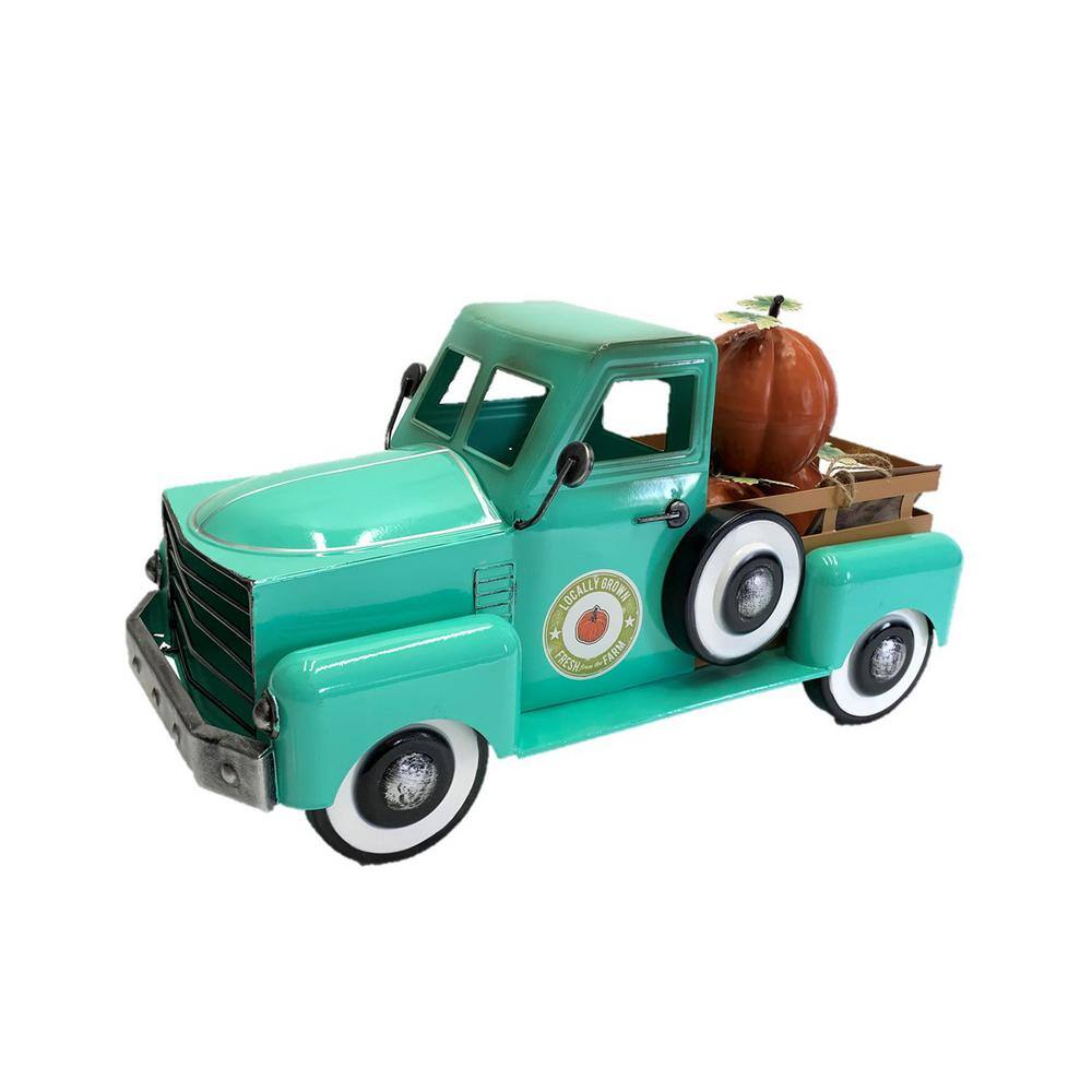 Zaer Ltd. International 10 in. Tall Country Style Metal Truck with Pumpkins in Antique Teal