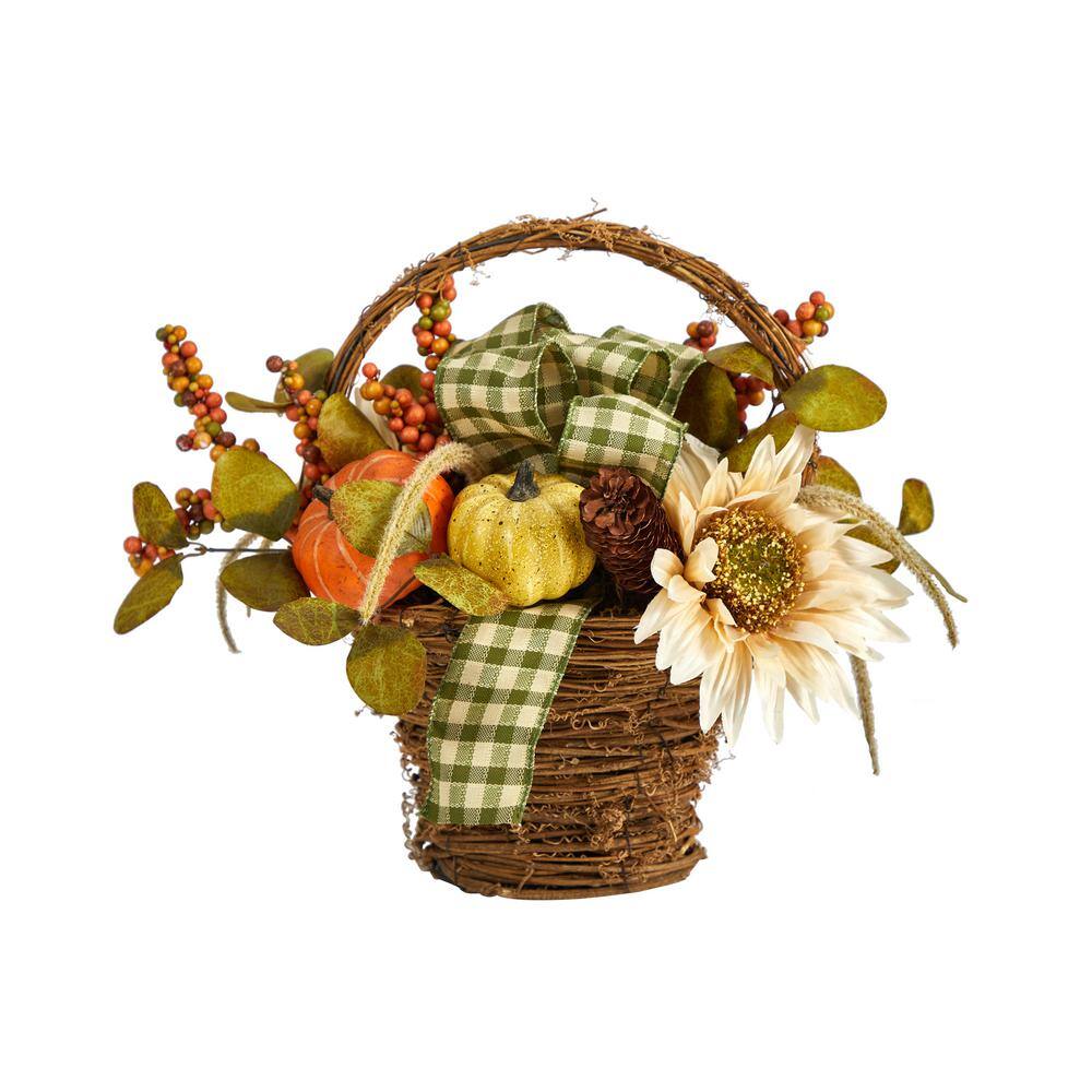 Nearly Natural 16 in. Multi-Color Fall Pumpkin Gourds and Berries Artificial Autumn Arrangement