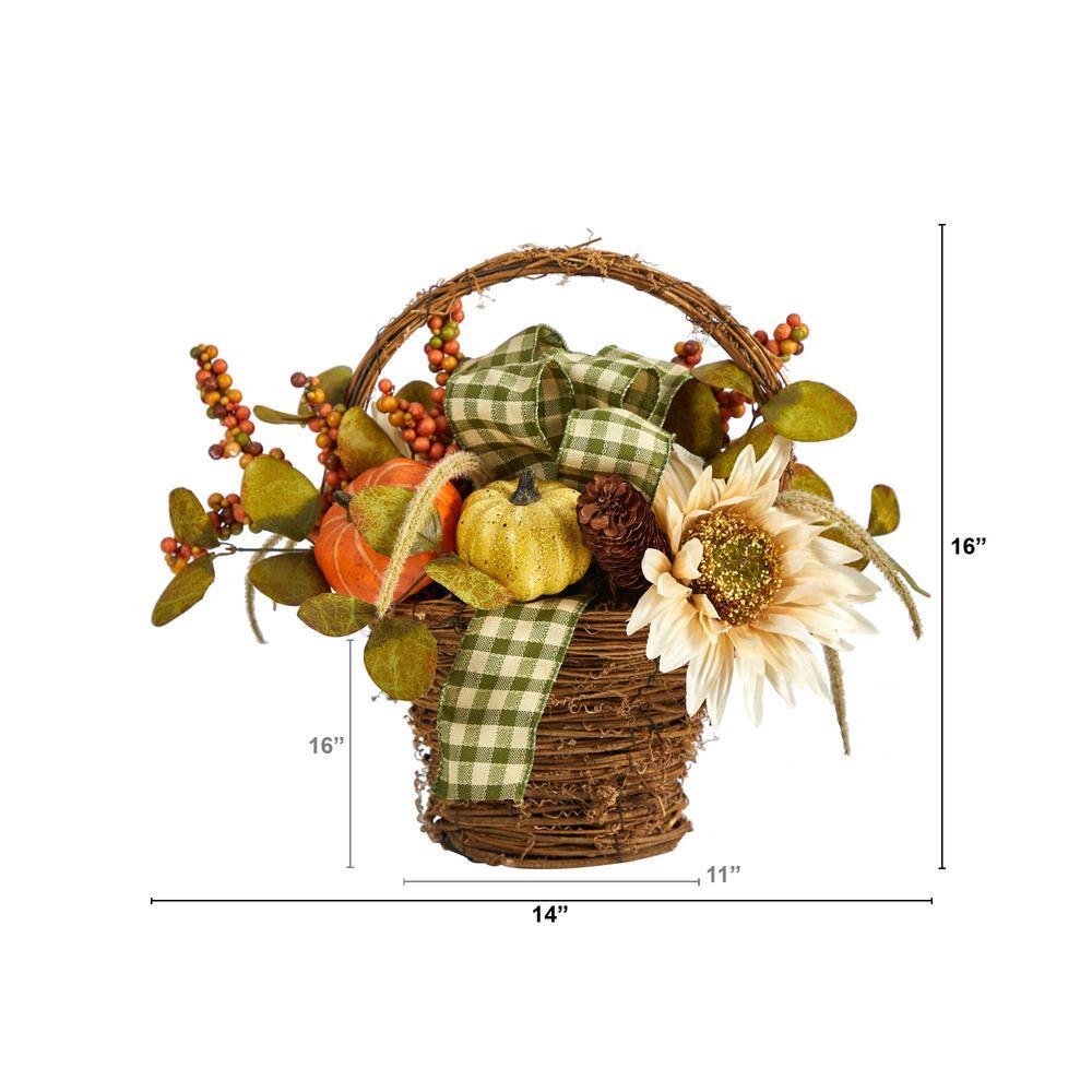 Nearly Natural 16 in. Multi-Color Fall Pumpkin Gourds and Berries Artificial Autumn Arrangement