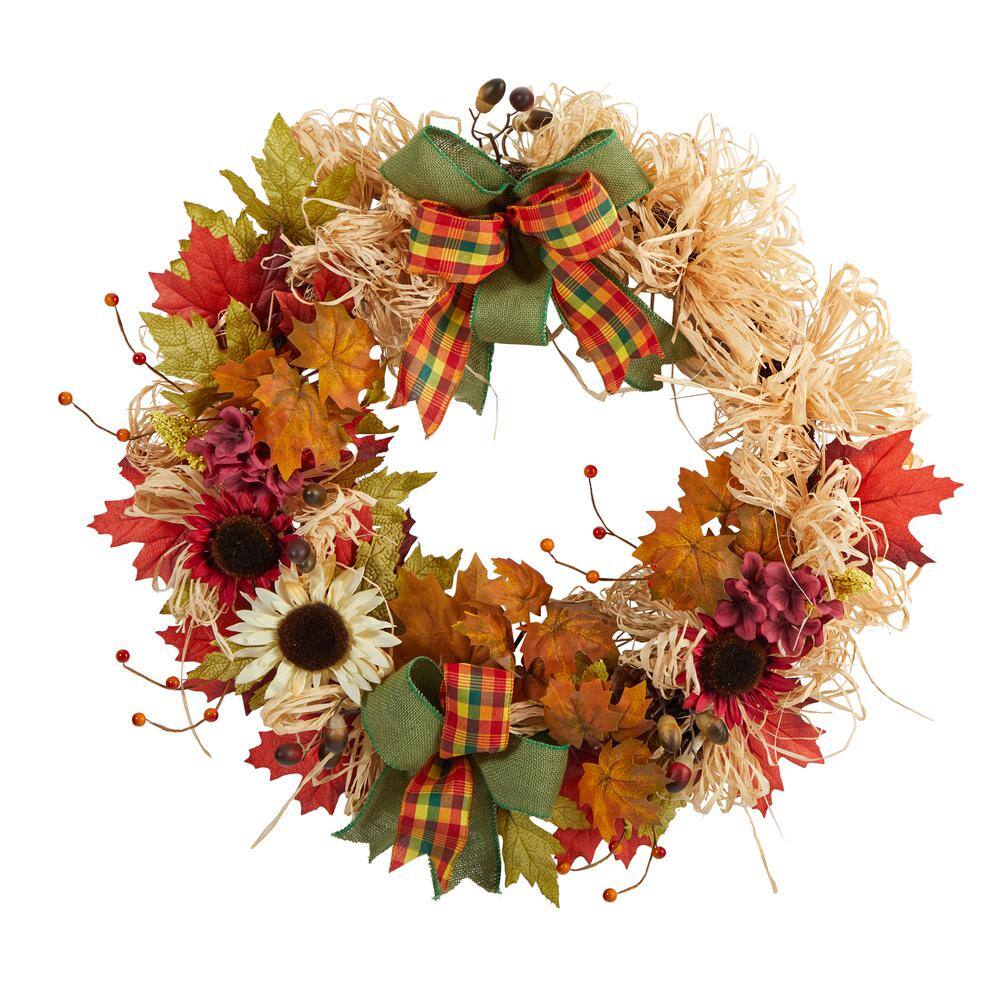 Nearly Natural 30 in. Orange Harvest Autumn Sunflower, Maple Leaves and Berries Artificial Fall Wreath with Decorative Bows