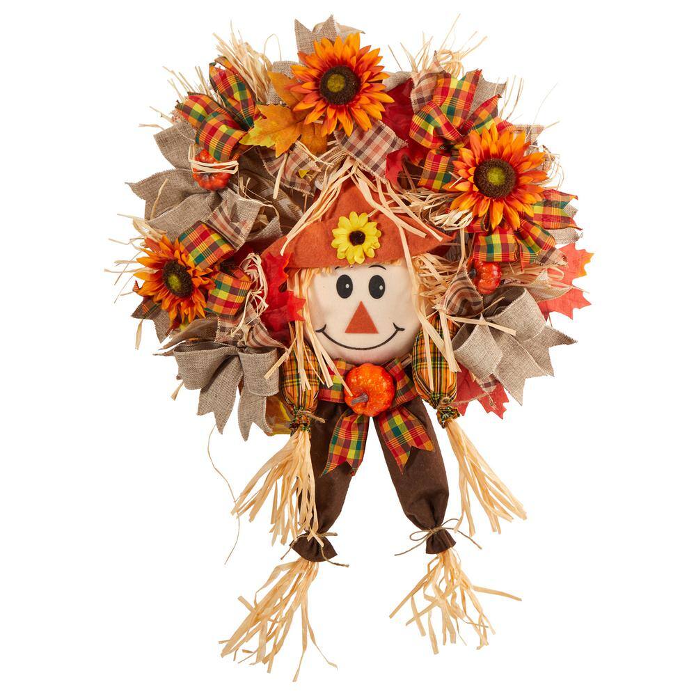 Nearly Natural 30 in. Orange Scarecrow Fall Artificial Autumn Wreath with Sunflower, Pumpkin and Decorative Bows