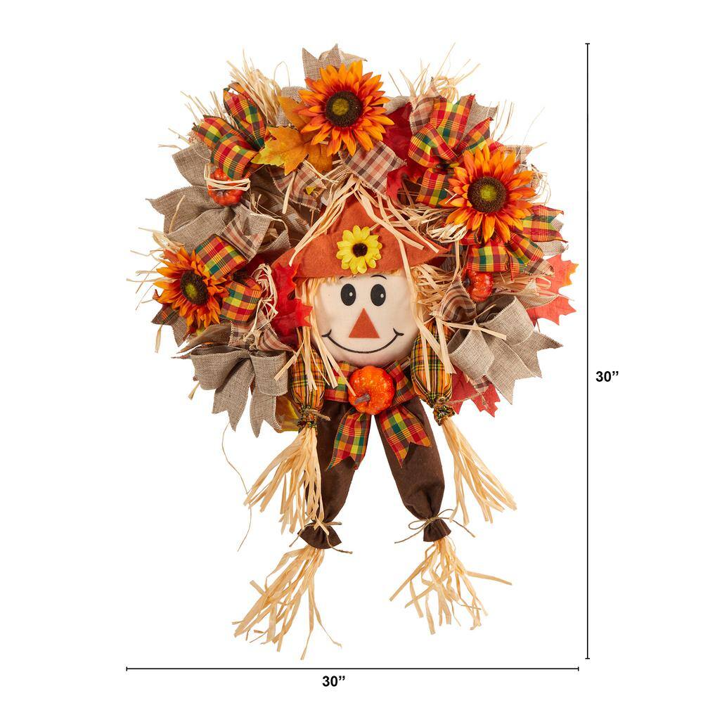 Nearly Natural 30 in. Orange Scarecrow Fall Artificial Autumn Wreath with Sunflower, Pumpkin and Decorative Bows