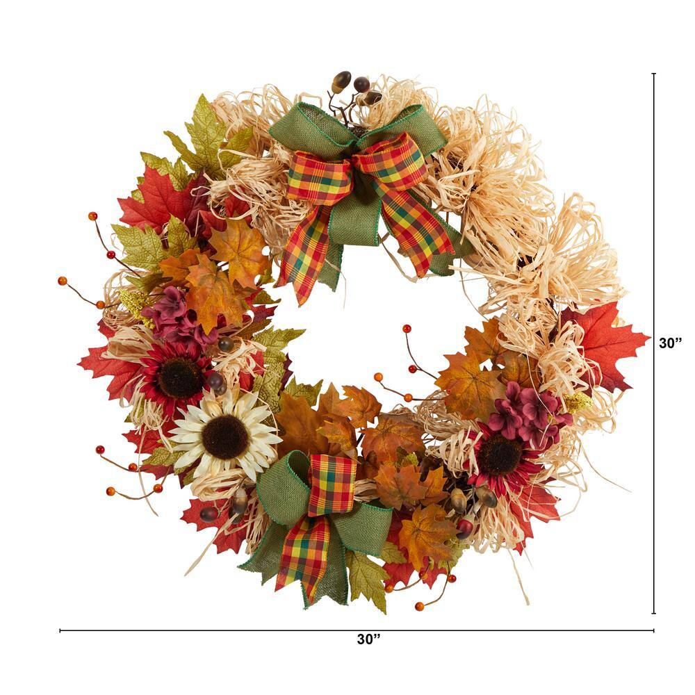 Nearly Natural 30 in. Orange Harvest Autumn Sunflower, Maple Leaves and Berries Artificial Fall Wreath with Decorative Bows