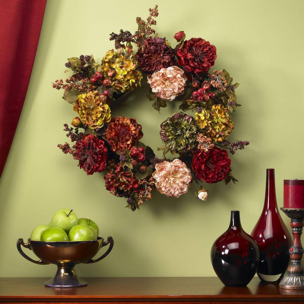 Nearly Natural 22in. Artificial Wreath with Autumn Hydrangeas and Peony