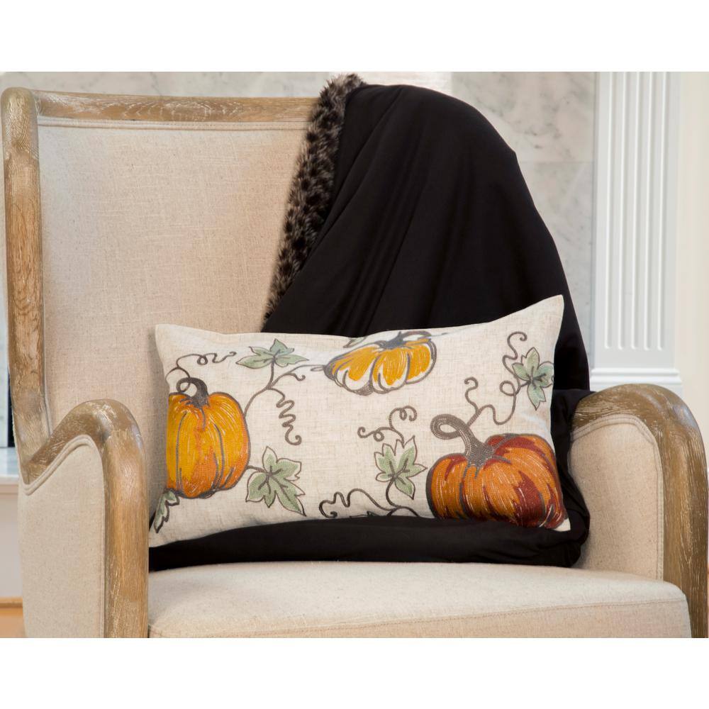 Manor Luxe 12 in. x 20 in. Rustic Pumpkin Crewel Embroidered Fall Pillow