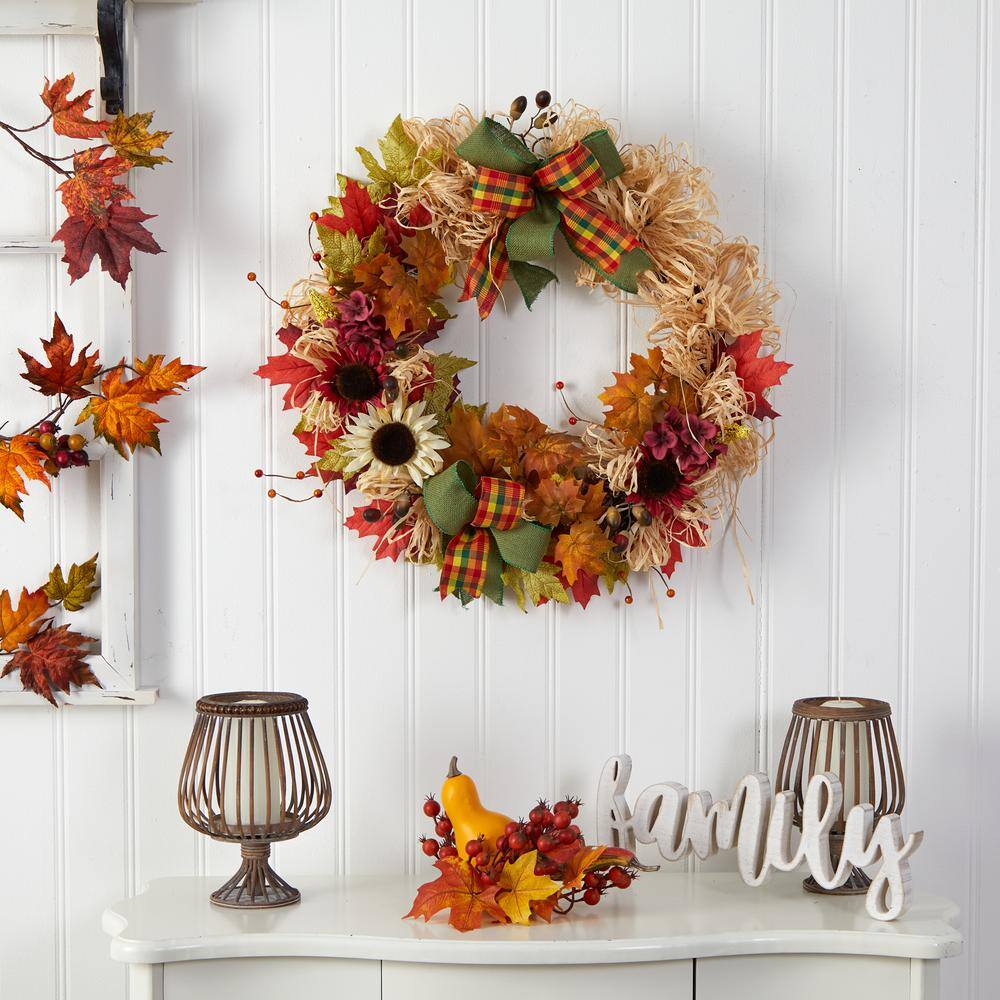 Nearly Natural 30 in. Orange Harvest Autumn Sunflower, Maple Leaves and Berries Artificial Fall Wreath with Decorative Bows