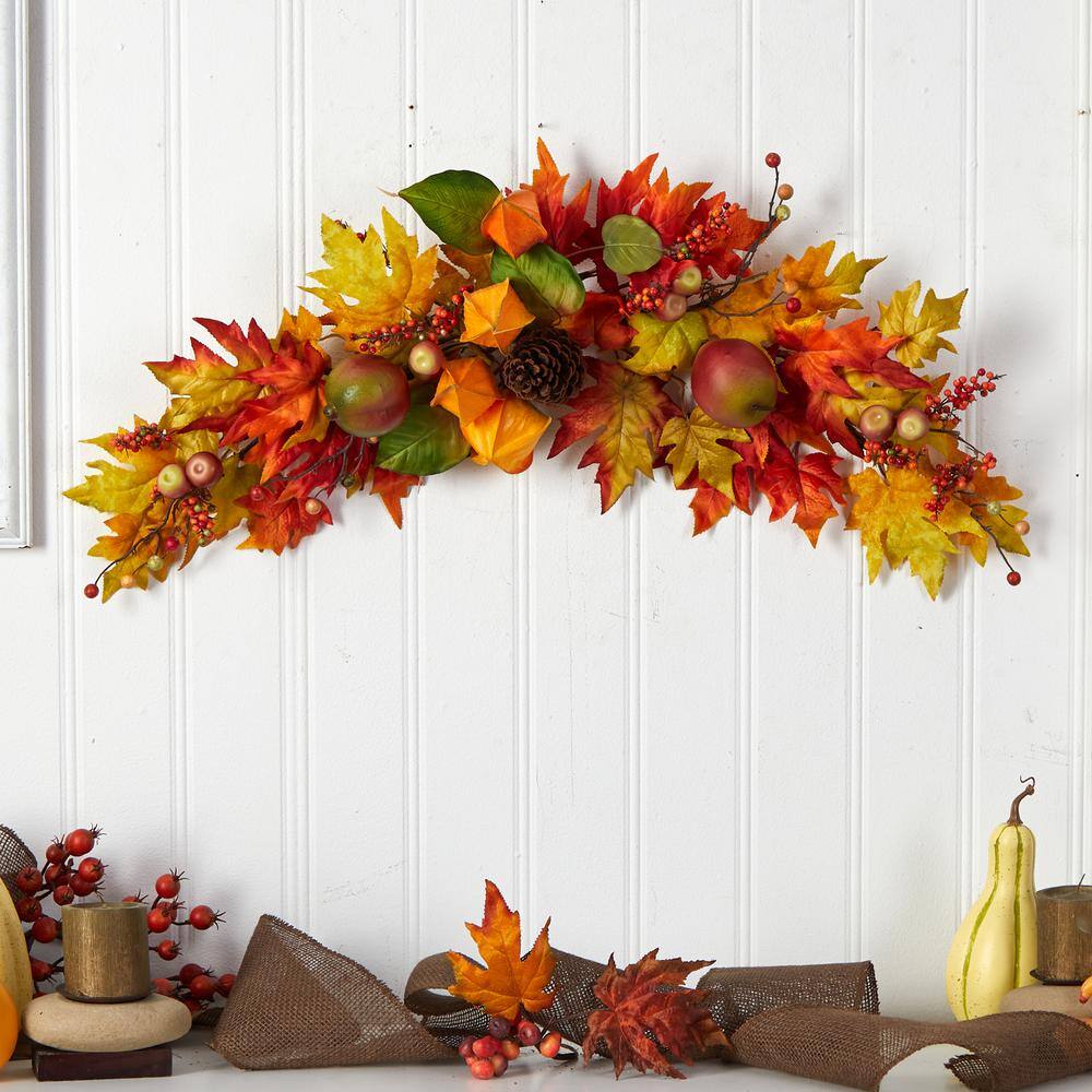 Nearly Natural 38 in. Orange Autumn Maple Leaf Berry Artificial Swag