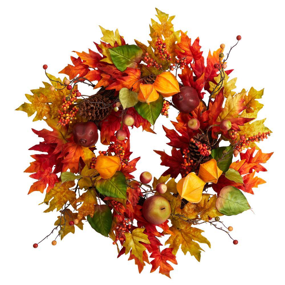 Nearly Natural 24 in. Orange Autumn Maple Leaf and Berries Fall Artificial Wreath