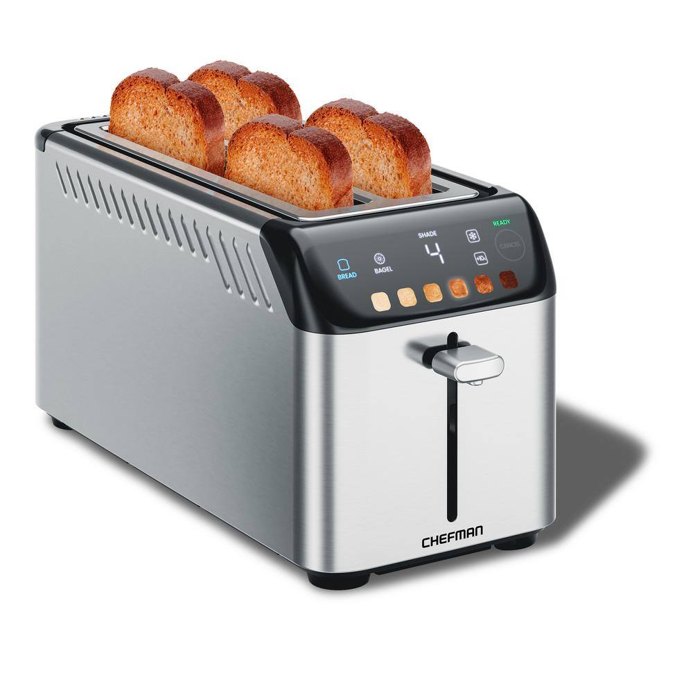 Chefman 1500 W 4-Slice Stainless Steel Digital Long Slot Toaster with Touchscreen, Bagel Mode, and plus 10 Button