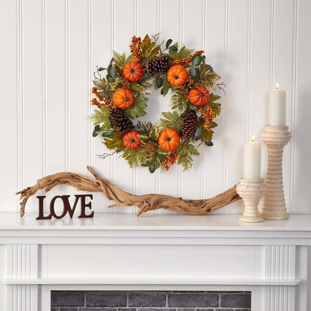 Nearly Natural 24 in. Fall Pumpkins, Pine Cones and Berries Artificial Wreath