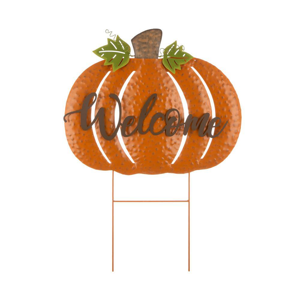 Glitzhome 29.72 in. H Fall Metal Pumpkin Yard Stake/Standing/Hanging Sign (KD, 3-Function)