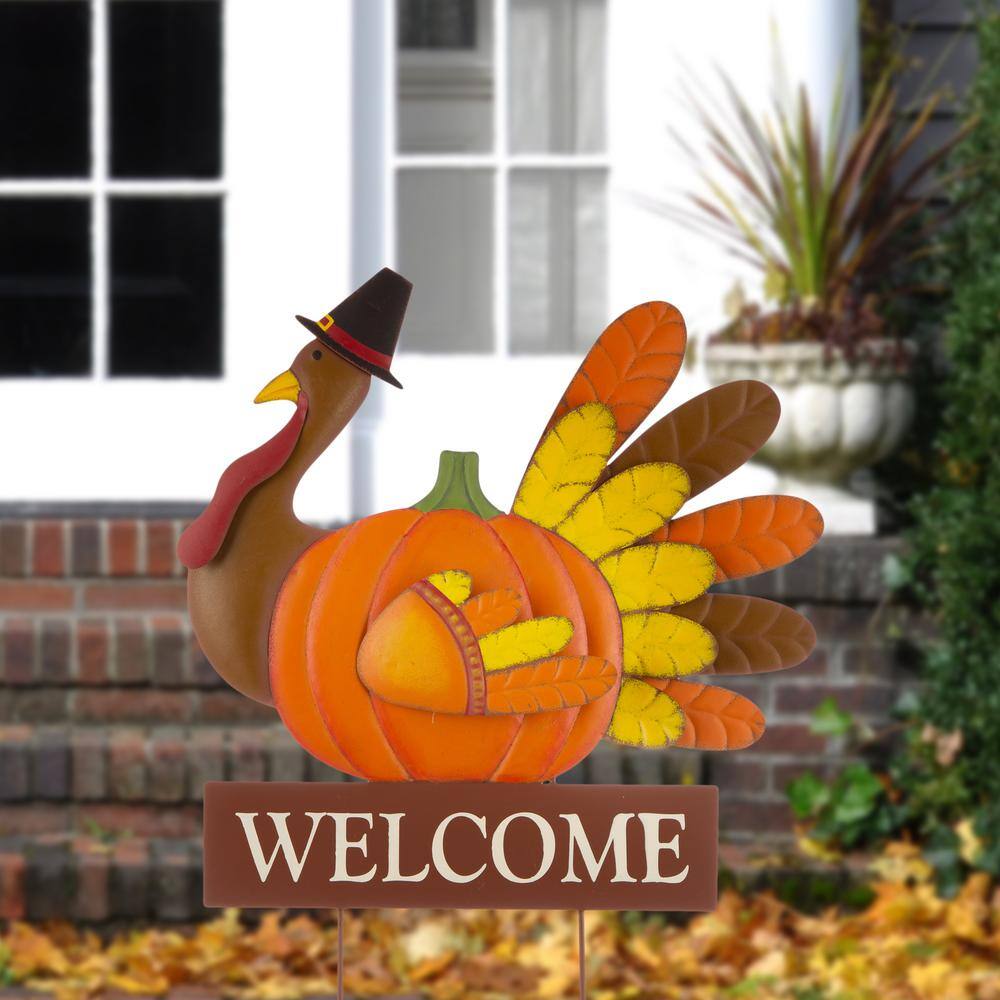 Glitzhome 30.00 in. H Thanksgiving Metal Turkey Yard Stake/Hanging Wall Decor (2-Function)