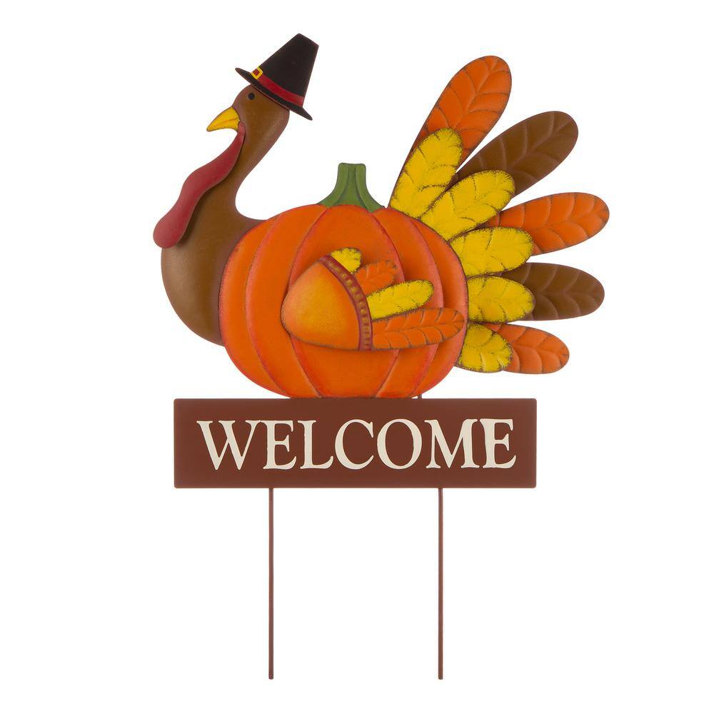 Glitzhome 30.00 in. H Thanksgiving Metal Turkey Yard Stake/Hanging Wall Decor (2-Function)