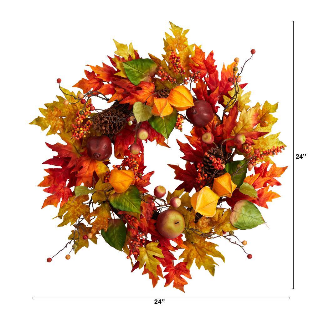 Nearly Natural 24 in. Orange Autumn Maple Leaf and Berries Fall Artificial Wreath