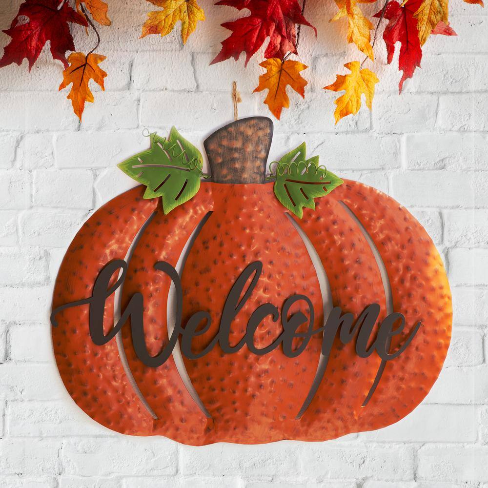 Glitzhome 29.72 in. H Fall Metal Pumpkin Yard Stake/Standing/Hanging Sign (KD, 3-Function)