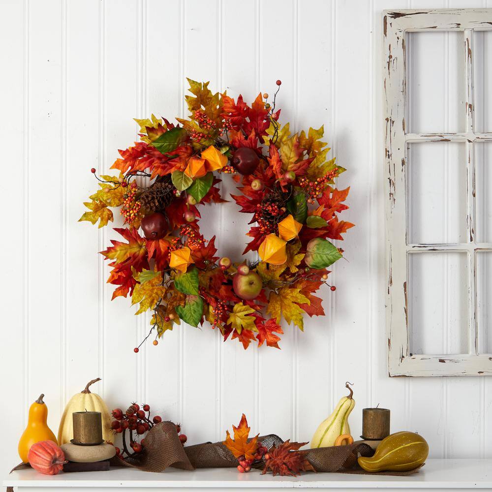 Nearly Natural 24 in. Orange Autumn Maple Leaf and Berries Fall Artificial Wreath