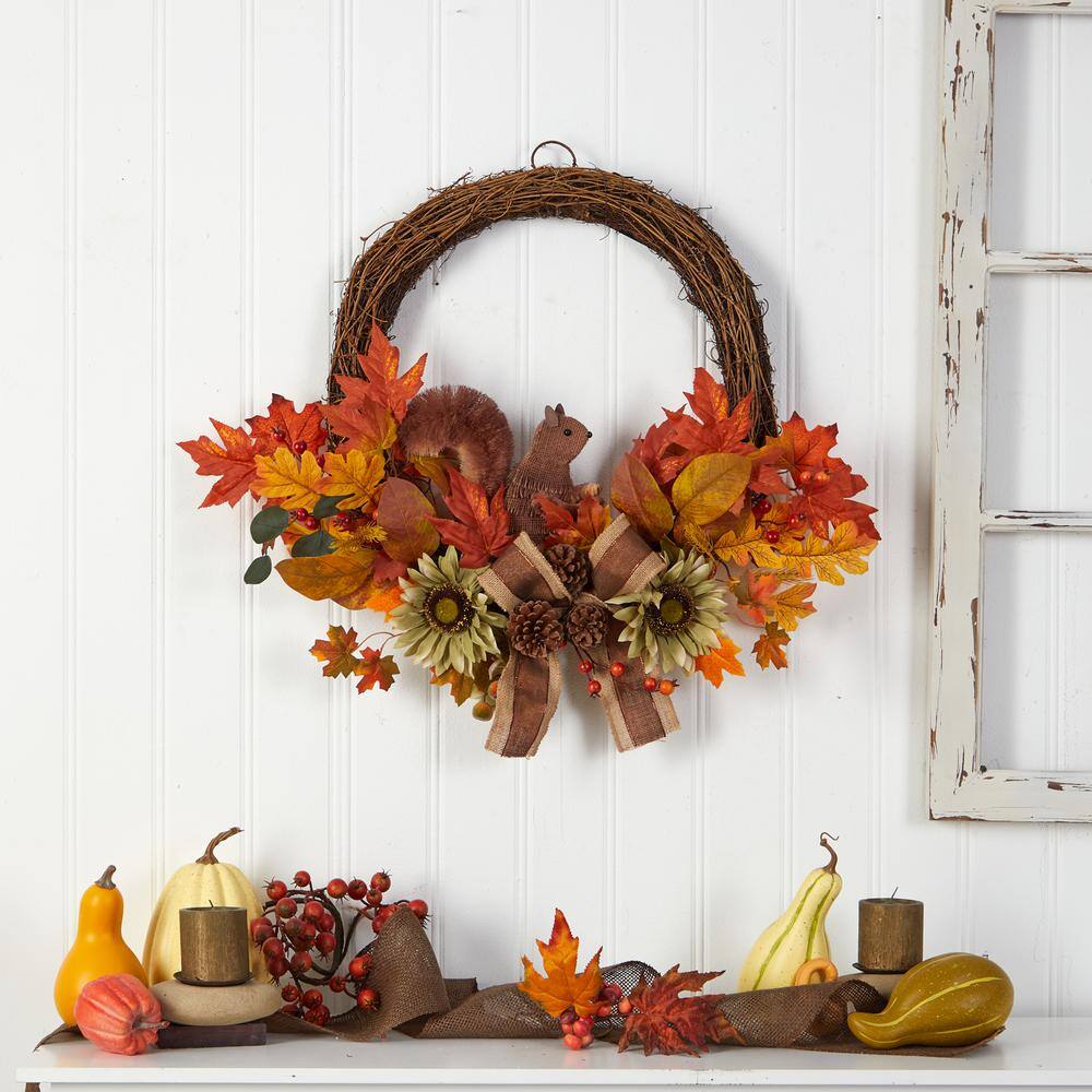 Nearly Natural 26 in. Orange Fall Harvest Artificial Autumn Wreath with Twig Base and Bunny