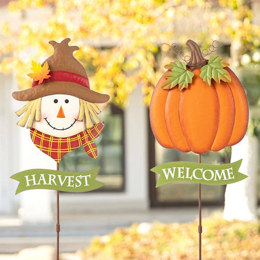 Glitzhome 36.25 in. H Fall Metal Scarecrow &Pumpkin Yard Stake (Set of 2)