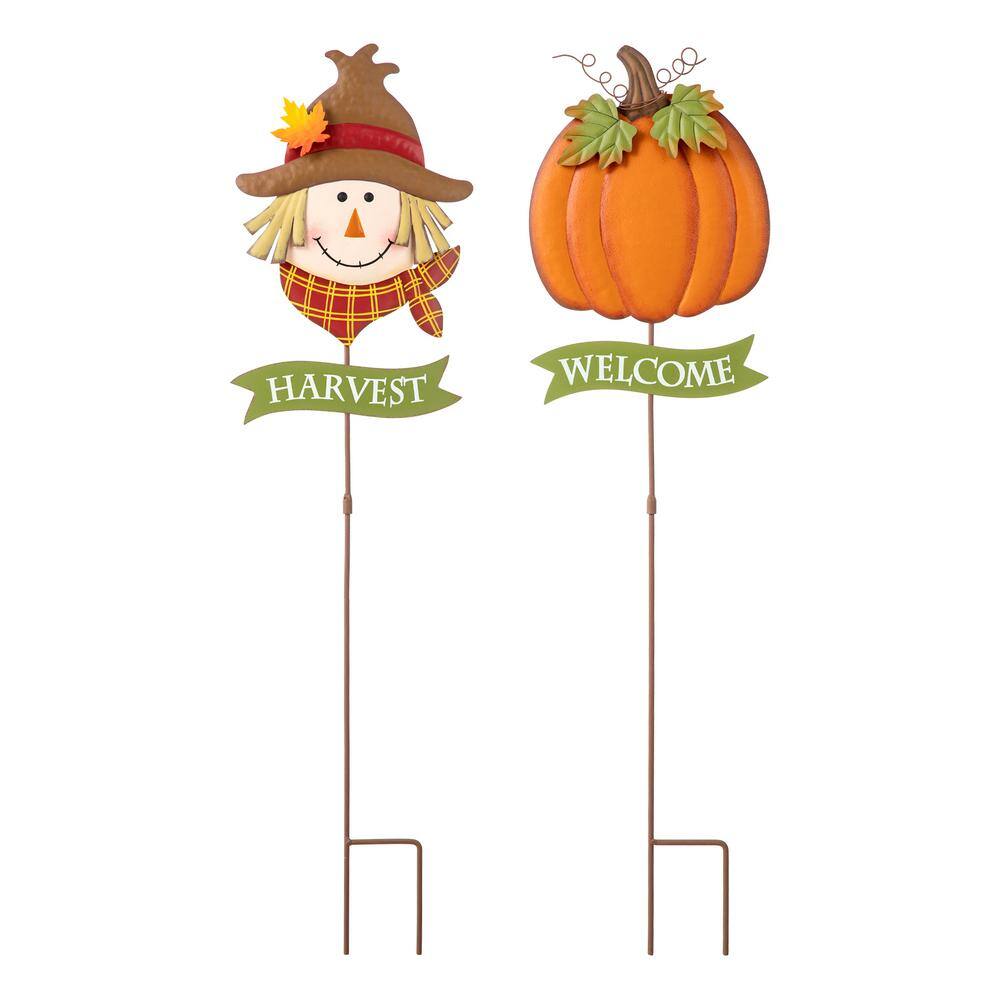 Glitzhome 36.25 in. H Fall Metal Scarecrow &Pumpkin Yard Stake (Set of 2)