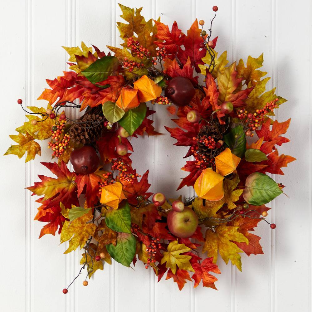 Nearly Natural 24 in. Orange Autumn Maple Leaf and Berries Fall Artificial Wreath