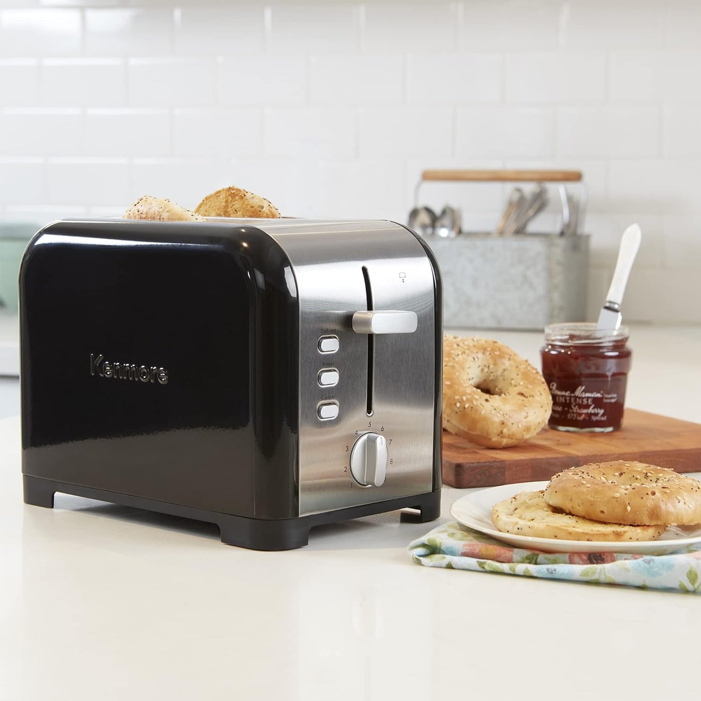 KENMORE 2-Slice Toaster, BlackStainless Steel, Extra Wide Slots, Bagel, Defrost, 9 Shade Settings