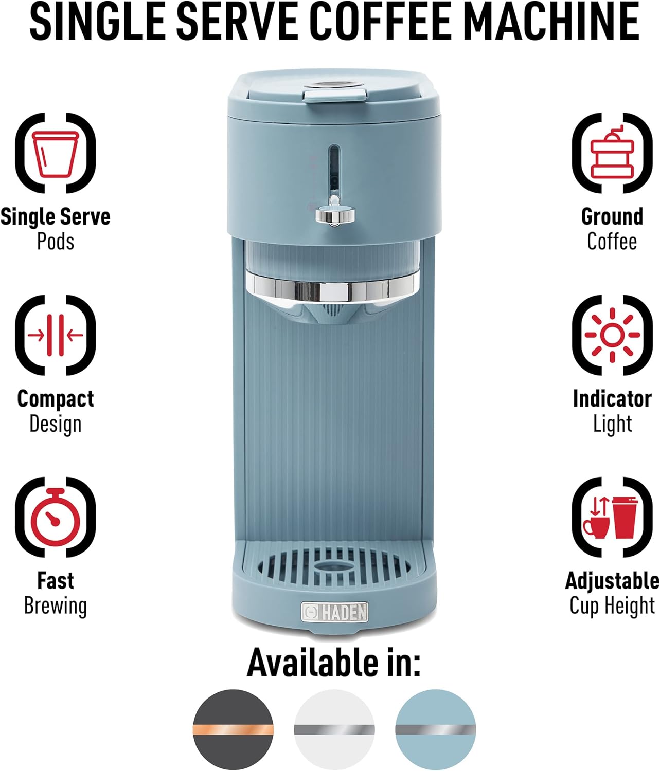 HADEN 1-Cup Single-Serve Sky Blue/Chrome Coffee Maker with Attachments for Single-Serve Pods and Ground Coffee