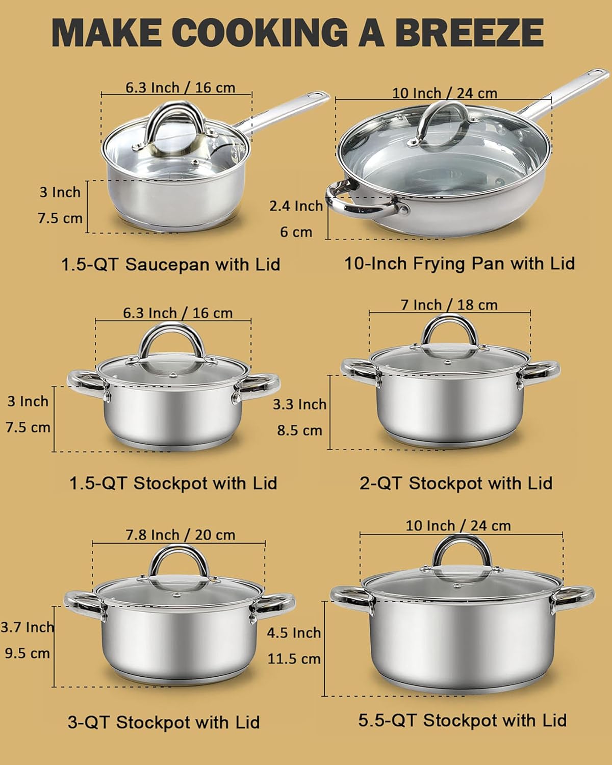 Cook N Home 12-Piece Stainless Steel Cookware Set in Gray and Stainless Steel