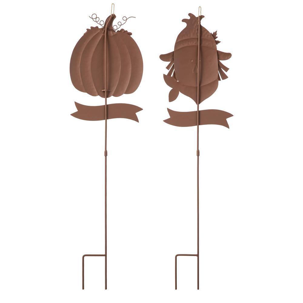 Glitzhome 36.25 in. H Fall Metal Scarecrow &Pumpkin Yard Stake (Set of 2)