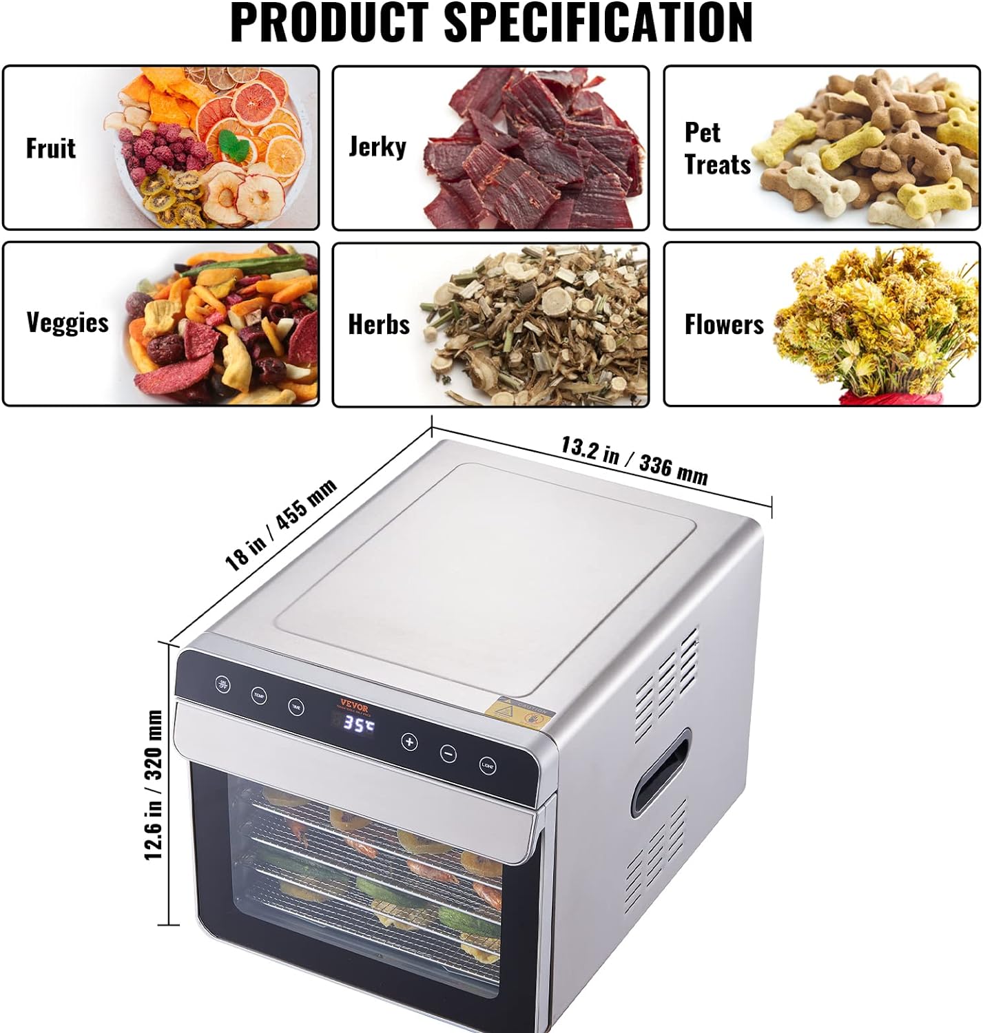 VEVOR Food Dehydrator Machine w/6 Stainless Steel Trays, 700-Watts Silver Food Dryer w/Adjustable Temperature, ETL Listed