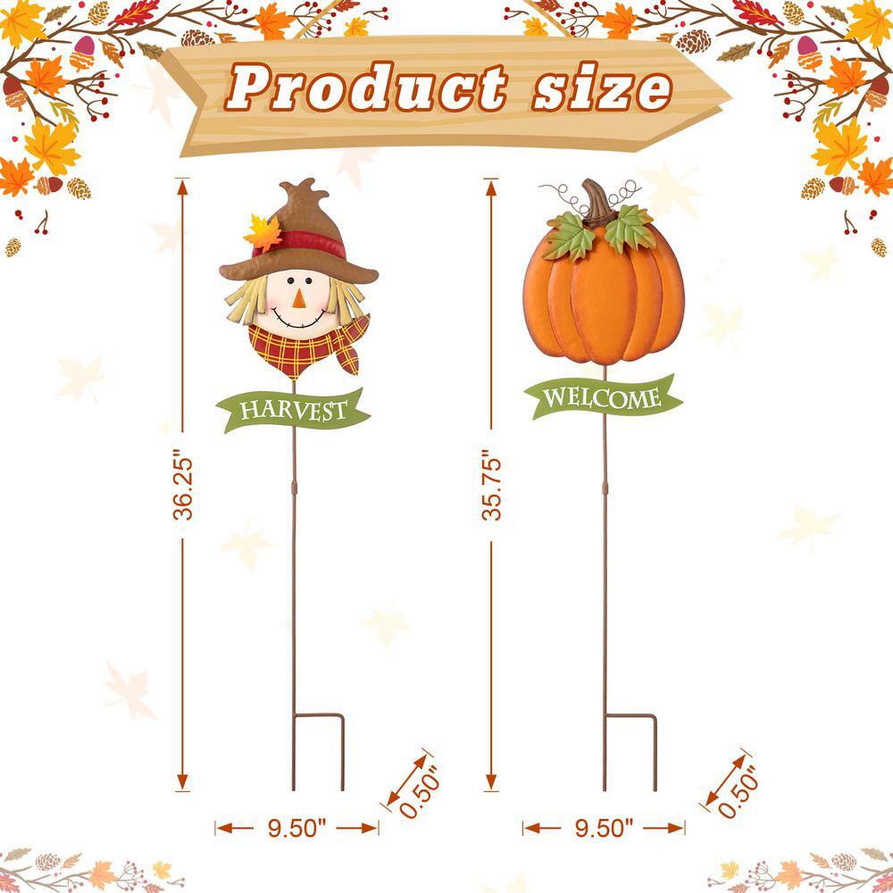 Glitzhome 36.25 in. H Fall Metal Scarecrow &Pumpkin Yard Stake (Set of 2)