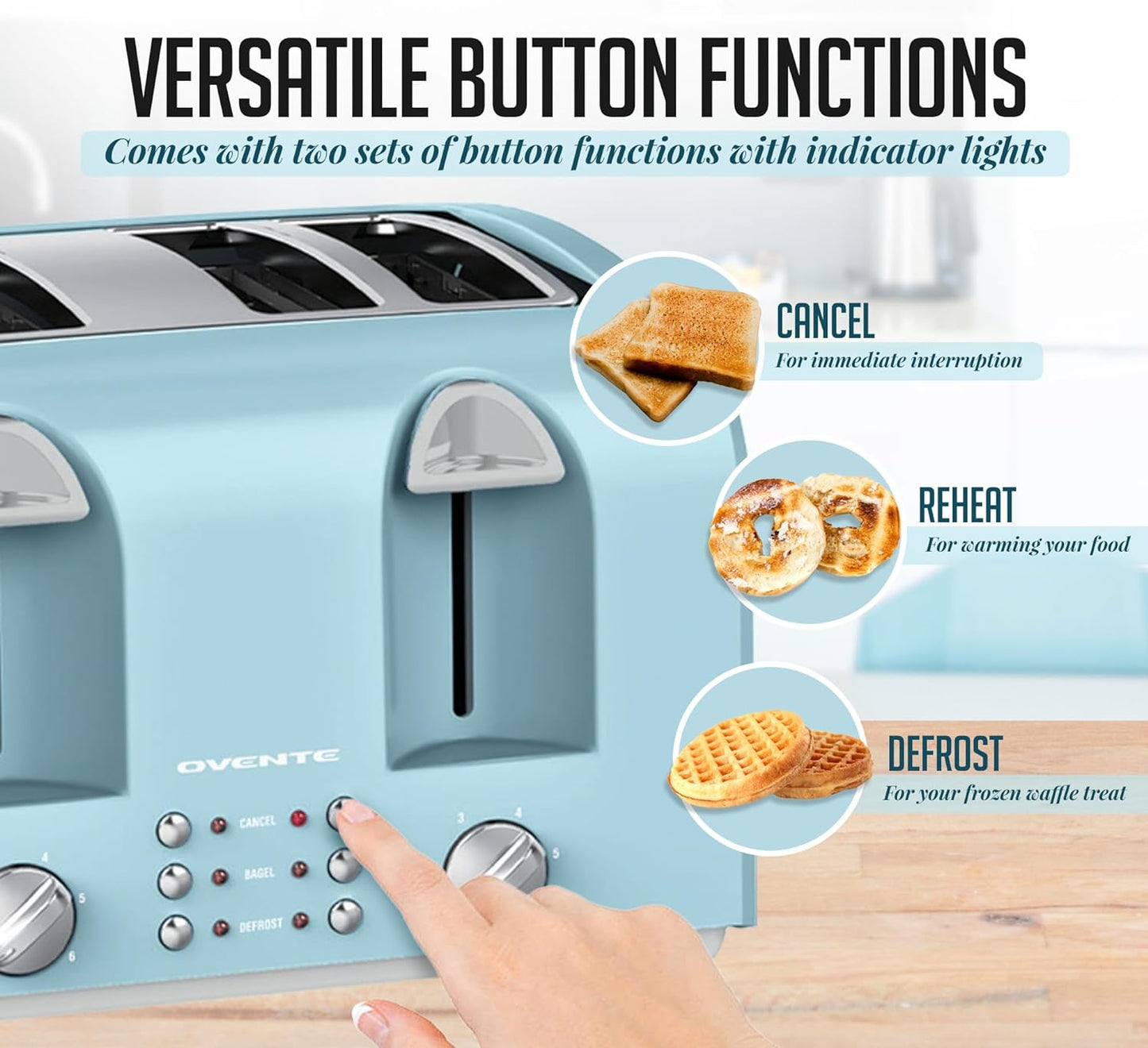 OVENTE 1400-Watt 4-Slice Light Blue Toaster with Extra Wide Slots, 6-Shade Browning Setting, Countertop Toaster