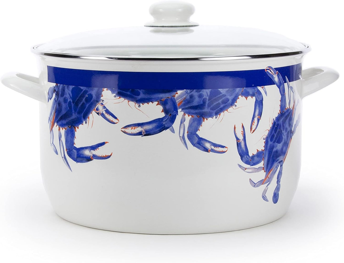 Golden Rabbit Blue Crab 18 qt. Porcelain-Coated Steel Stock Pot in Blue with Glass Lid