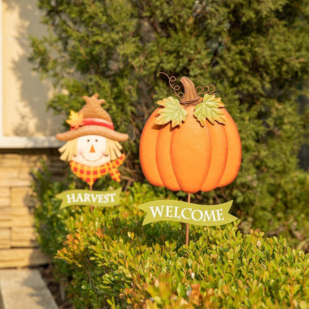 Glitzhome 36.25 in. H Fall Metal Scarecrow &Pumpkin Yard Stake (Set of 2)