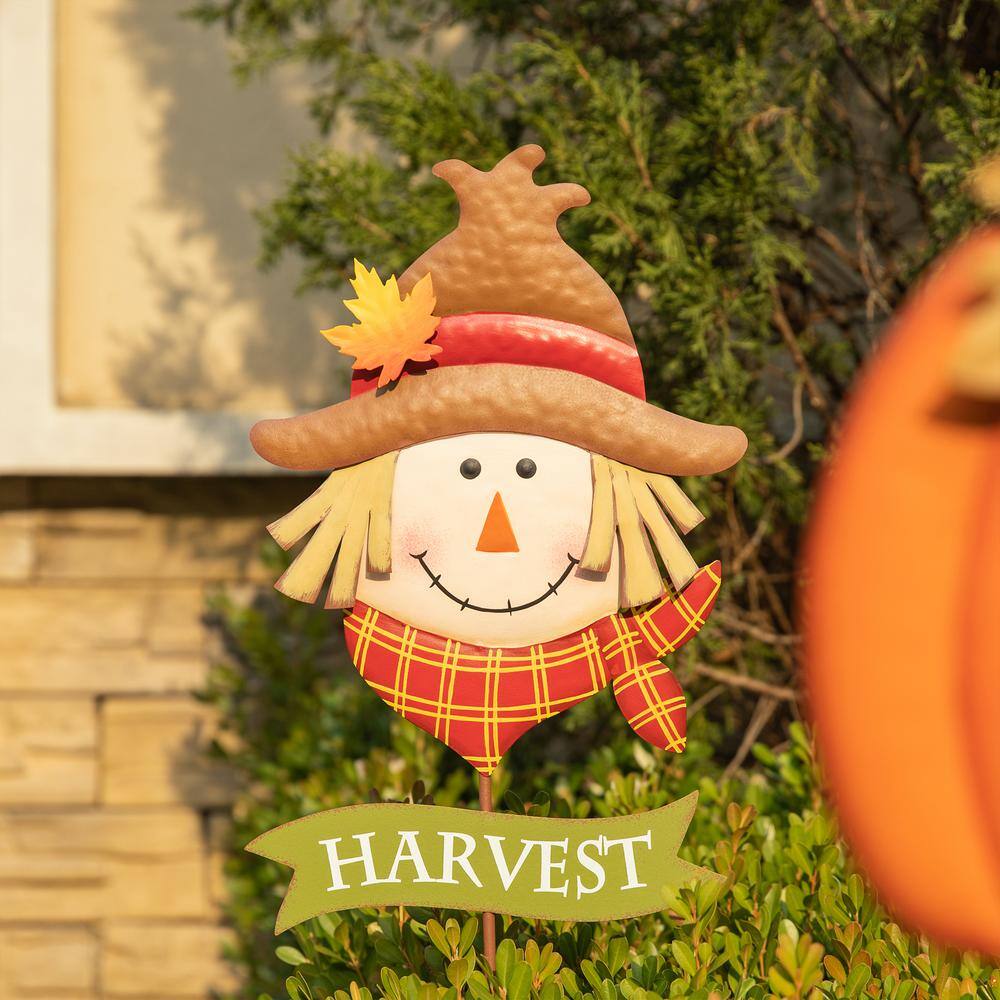 Glitzhome 36.25 in. H Fall Metal Scarecrow &Pumpkin Yard Stake (Set of 2)