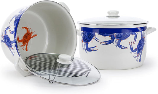 Golden Rabbit Blue Crab 18 qt. Porcelain-Coated Steel Stock Pot in Blue with Glass Lid