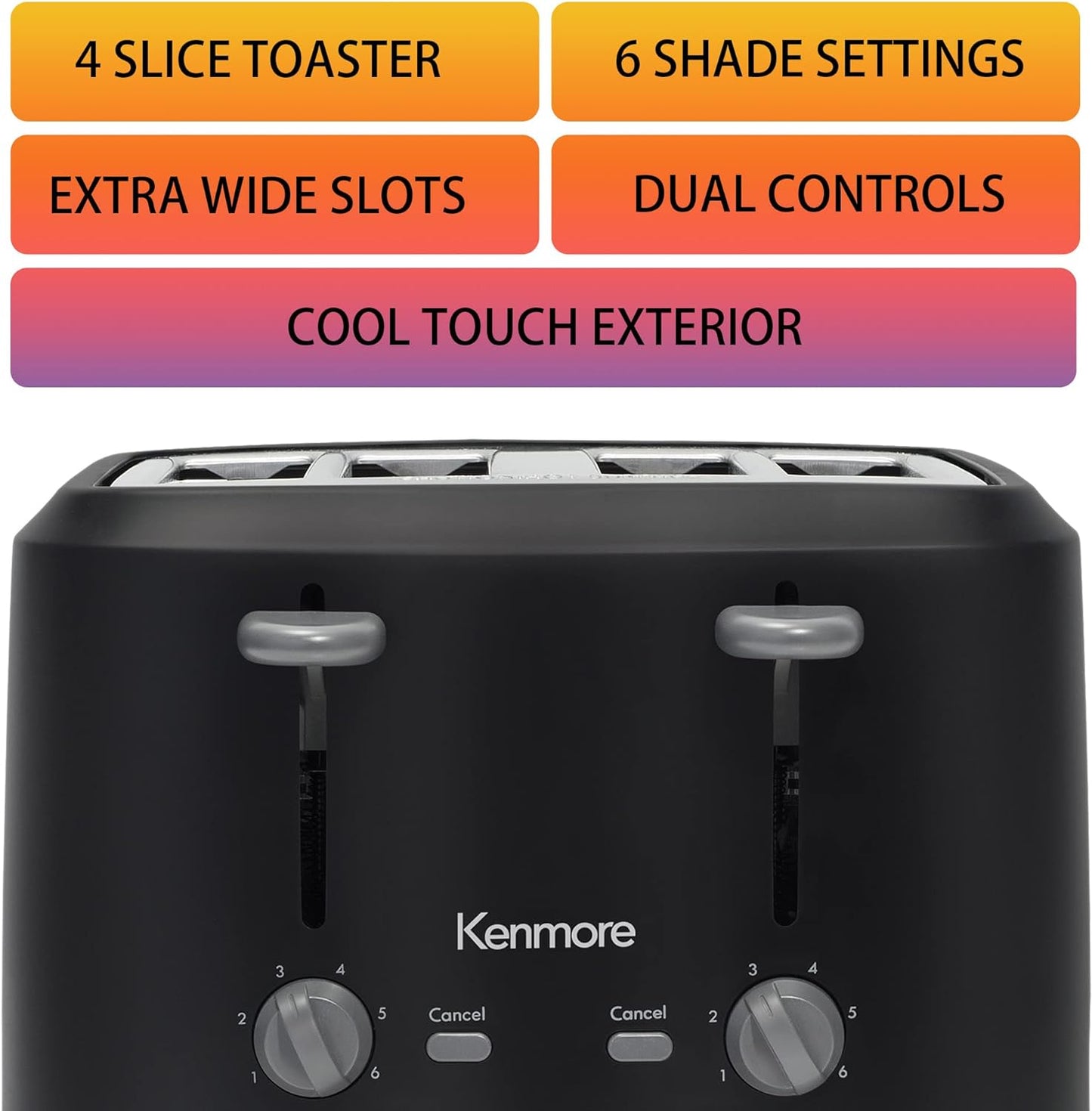 KENMORE 4-Slice Toaster with Dual Controls, Matte Black and Gray, Wide Slots, Adjustable Browning