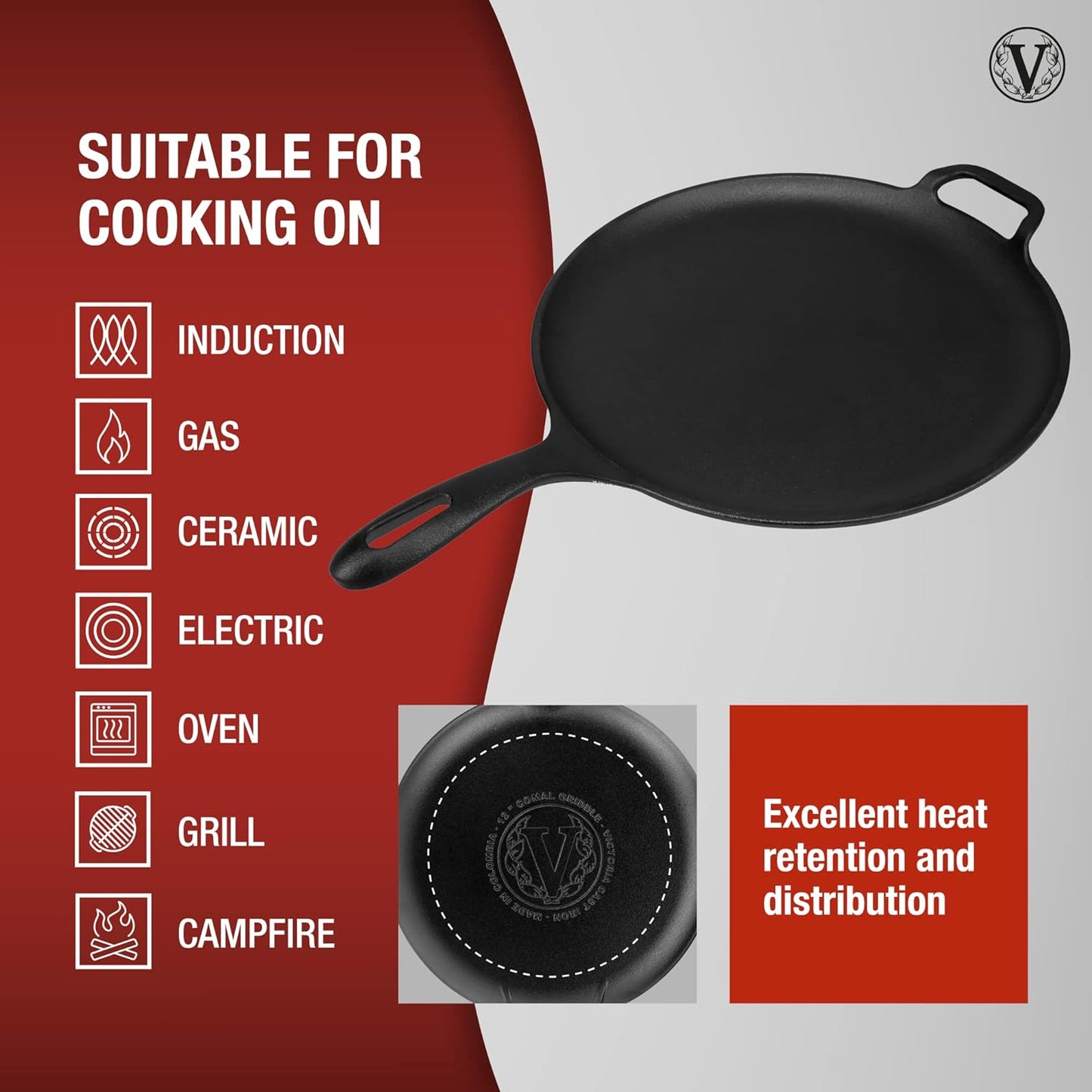 Victoria 12 in. Black Cast Iron Comal Skillet with Long Handle and Helper Handle, Seasoned