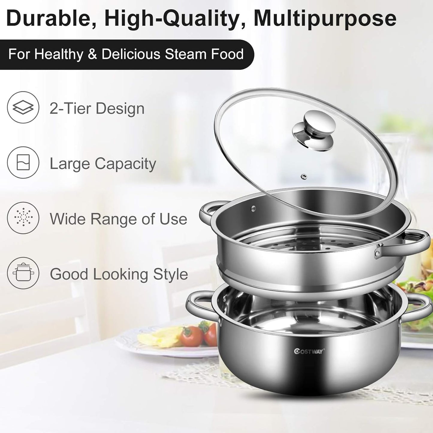 Bunpeony 2-Tier 9.5 qt. Stainless Steel Steamer Pot Cookware Boiler with 4.2 qt. steamer insert and Lid