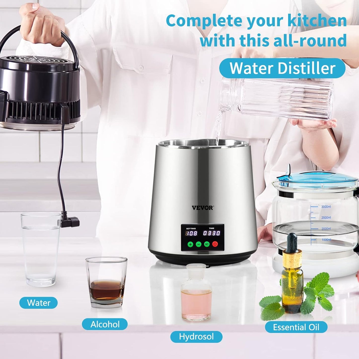 VEVOR 1.1Gal. Water Distiller 0.3Gal./H Distilled Water Maker Machine 750W 0-99H Timing Setting Temp Display Distiller, Silver