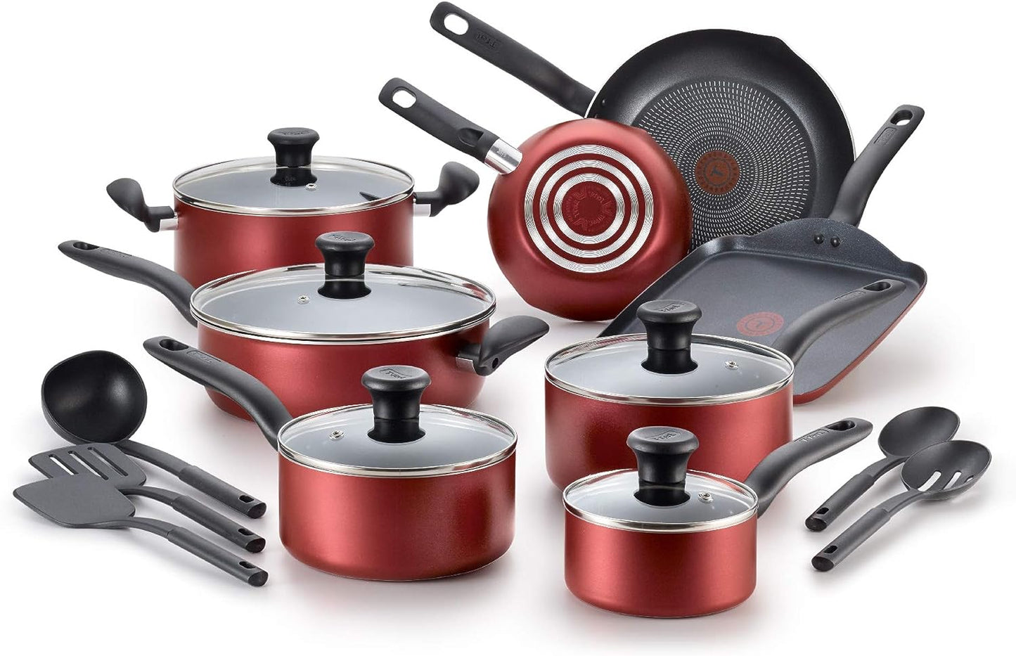 T-fal Initiatives 18-Piece Aluminum Nonstick Cookware Set in Red