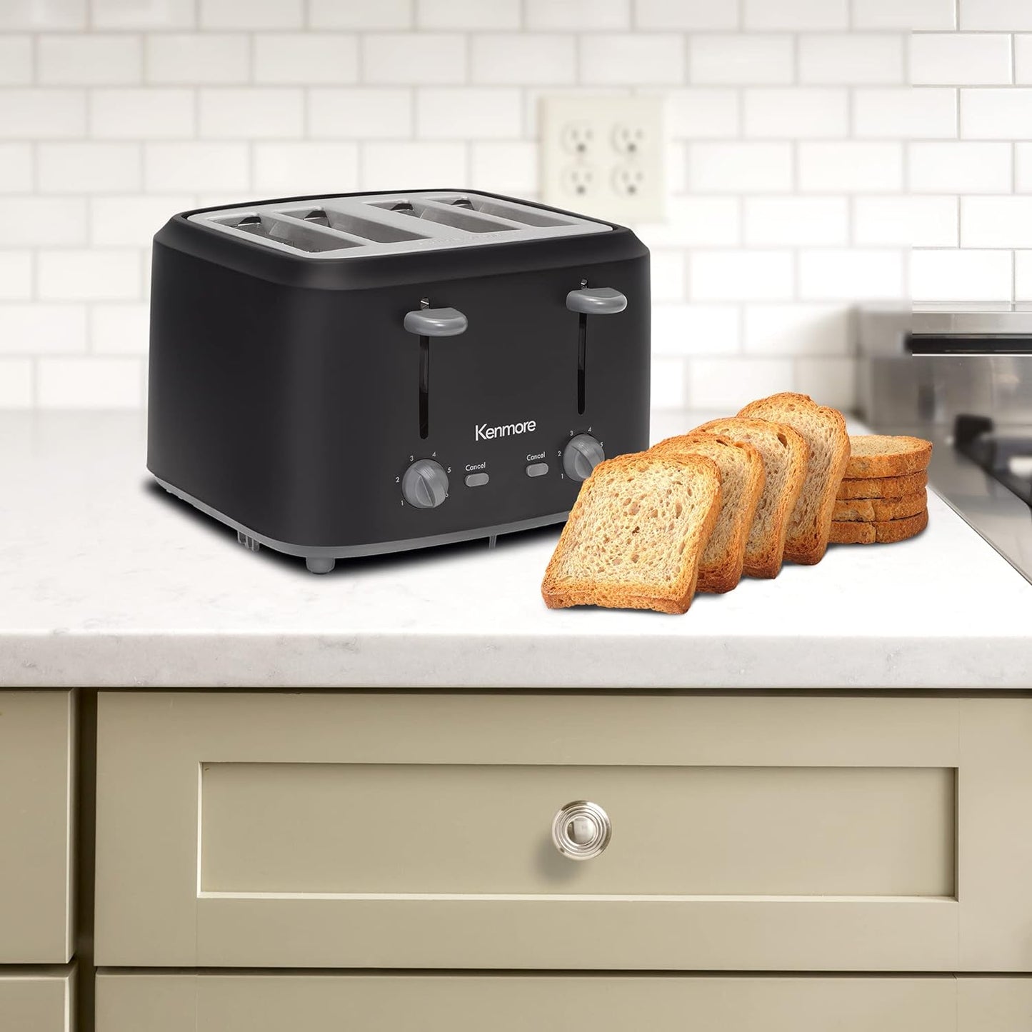 KENMORE 4-Slice Toaster with Dual Controls, Matte Black and Gray, Wide Slots, Adjustable Browning