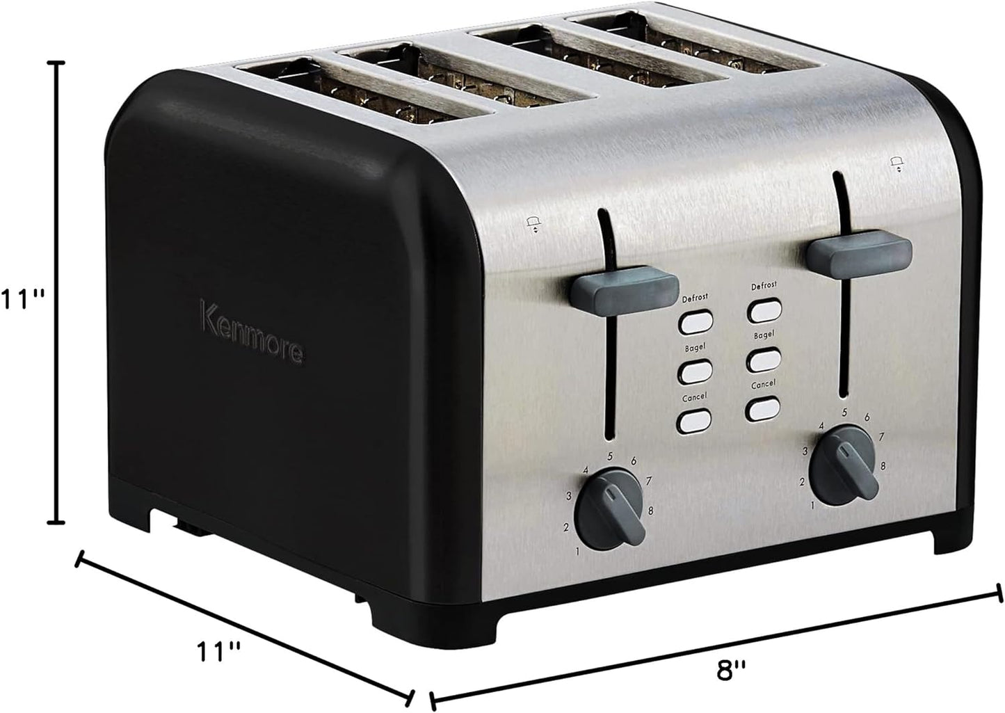 KENMORE 4-Slice Toaster, BlackStainless Steel, Dual Controls, Extra Wide Slots, Bagel and Defrost