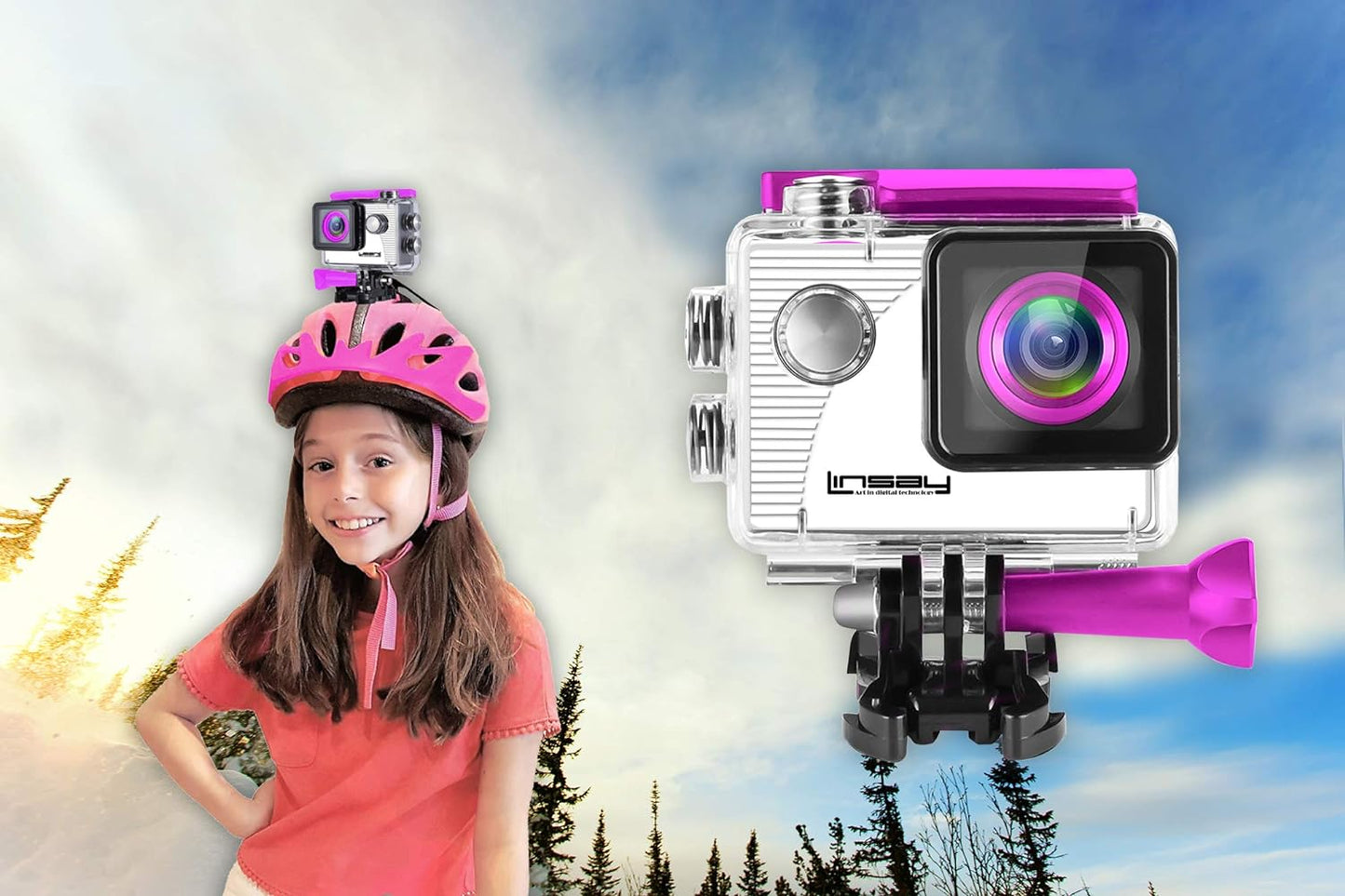 LINSAY Funny Kids Pink Action Camera Sport Outdoor Activities HD Video and Photos Micro SD Card Slot up to 32GB