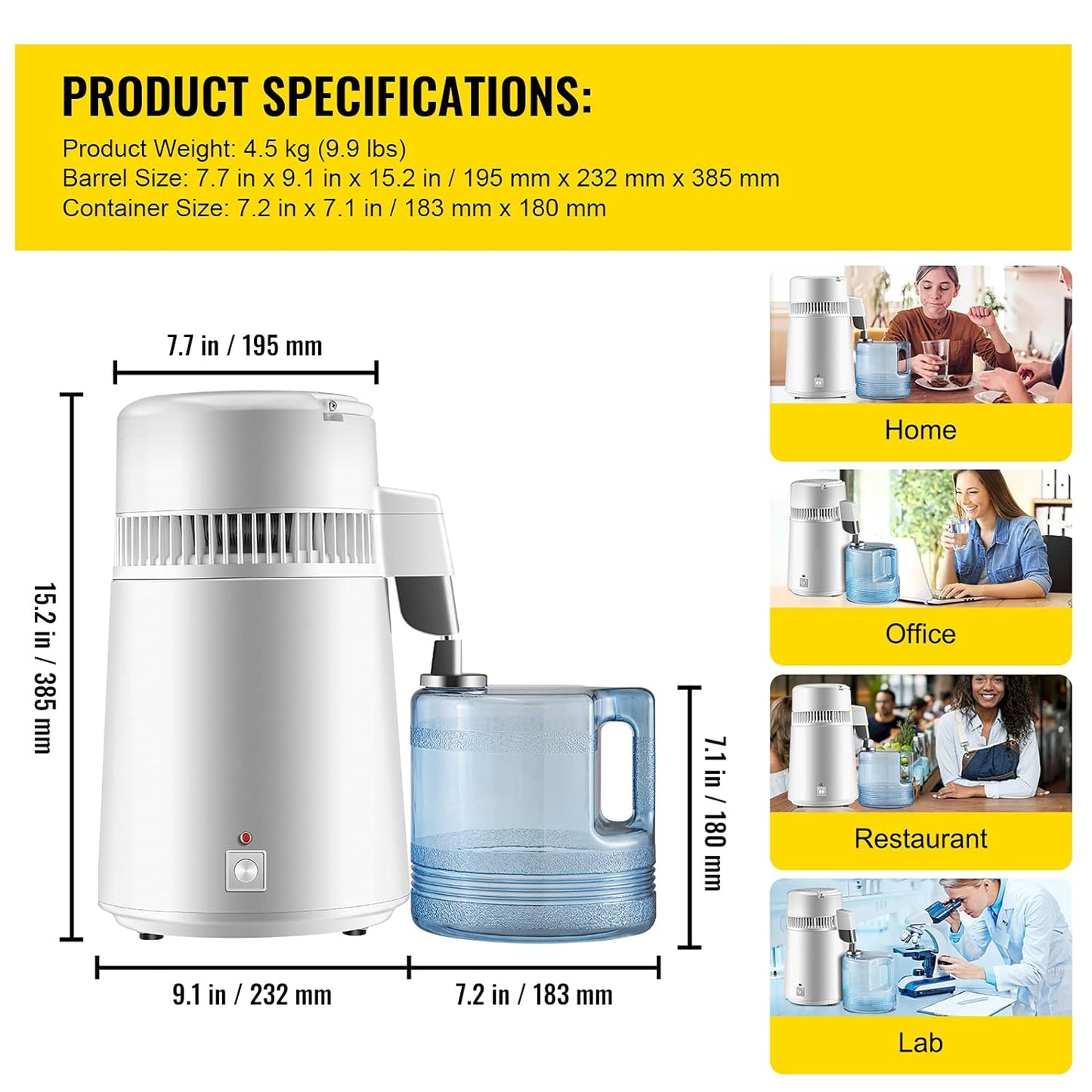 VEVOR Water Distiller 750 Watt Purifier Filter 1.1 Gal. Fully Upgraded Distilling Pure Water Machine with Handle, White