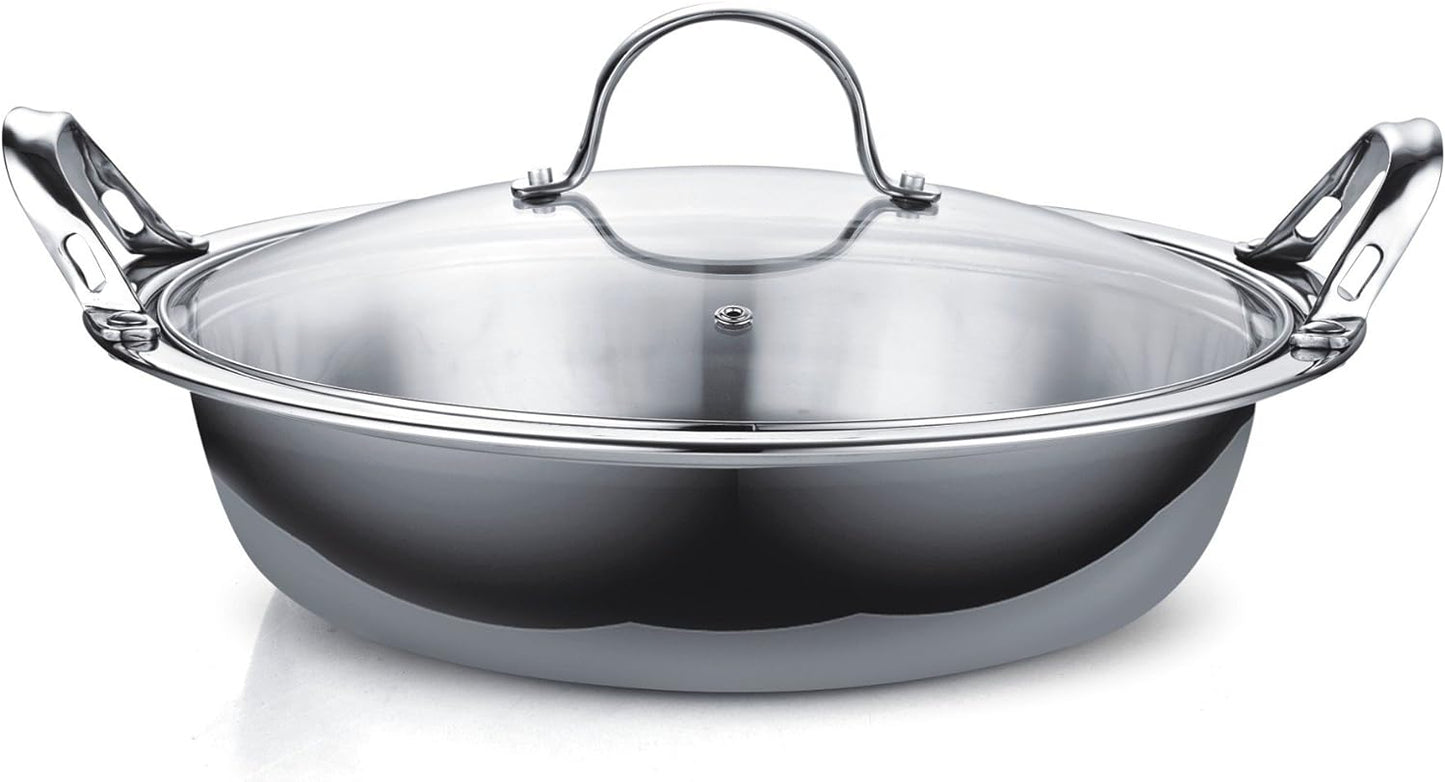 Cooks Standard Large 14 in. Multi-Ply Clad Stainless Steel Induction Tagine Wok with 2 Handle and Extra Glass Lid