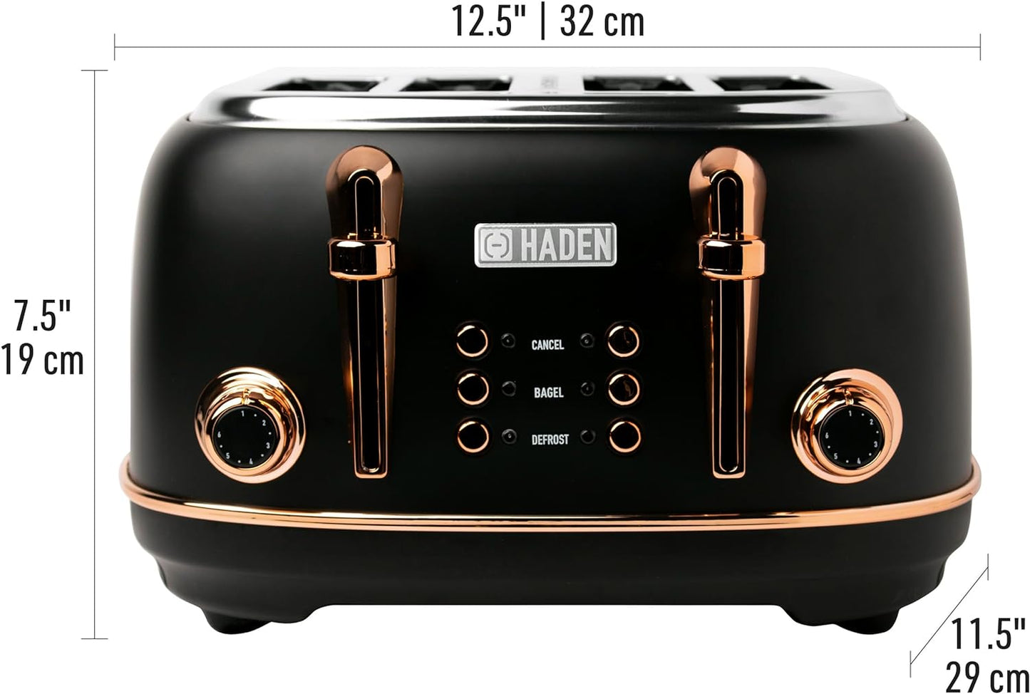 HADEN Heritage 1500-Watt 4-Slice Black and Copper Wide Slot Retro Toaster with Removable Crumb Tray and Browning Control