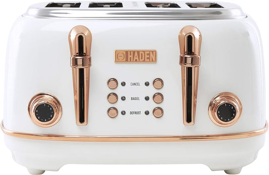 HADEN Heritage 1500-Watt 4-Slice Ivory and Copper Wide Slot Retro Toaster with Removable Crumb Tray and Browning Control